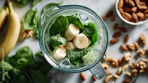 Healthy green smoothie preparation with fresh ingredients on a kitchen counter