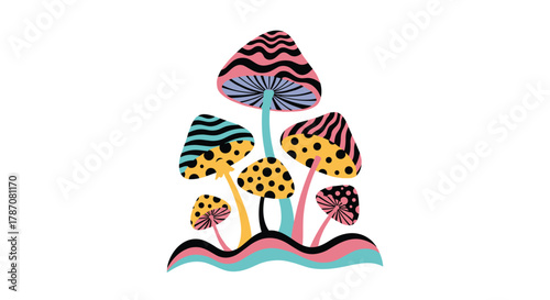 A whimsical illustration of a colorful mushroom cluster featuring psychedelic patterns like stripes and polka dots on a wavy base.
