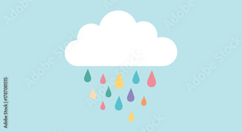 A delightful flat design illustration of a fluffy white cloud raining a shower of vibrant, pastel-colored drops against a clear, calm blue sky.