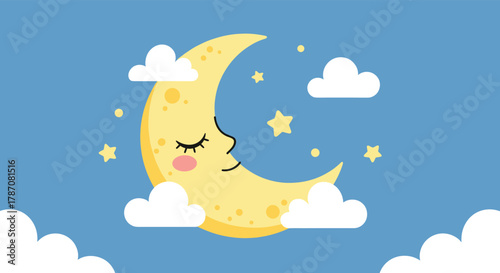 Adorable cartoon crescent moon with a sleepy face, surrounded by fluffy white clouds and sparkling stars in a gentle blue sky.
