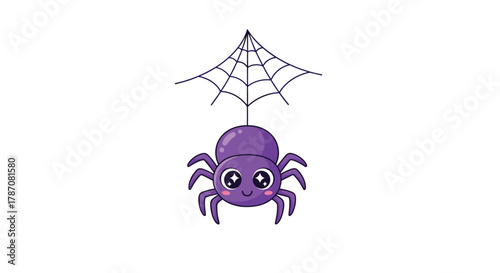 A cute and friendly cartoon purple spider with sparkling eyes smiles happily while hanging from a delicate spider web, ideal for Halloween.