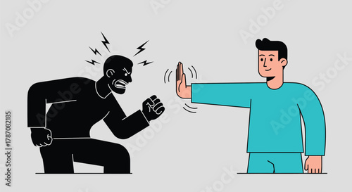 Man calmly stopping angry outburst with hand gesture conflict resolution