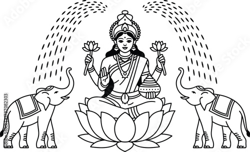 Goddess Lakshmi seated on lotus with elephants and rain