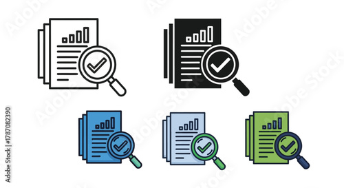 Analyze financial reports with checkmark magnifying glass icon set