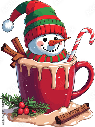 snowman with cup of chocolate and christmas decorations