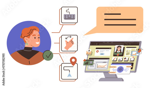 User interacting with a digital platform showcasing connected processes, task tracking, communication, and analytics. Ideal for teamwork, project organization, technology integration, innovation