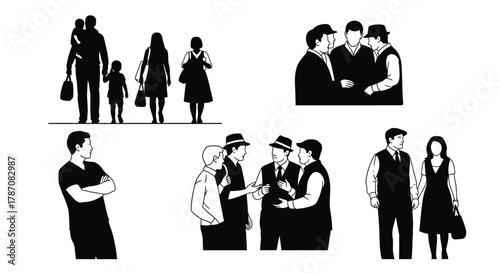 Dynamic silhouettes of people walking and talking in monochrome art