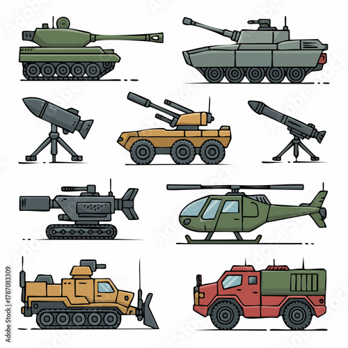 Military Vehicles and Armored Equipment Icon Set