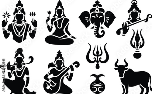 Indian Deities and Symbols Black Silhouettes Hindu