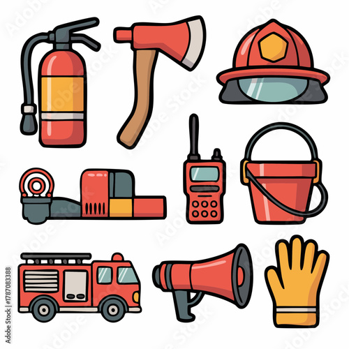 Firefighter Equipment Icon Set – Fire Extinguisher, Helmet, Hose, Axe, Emergency Tools Vector Pack