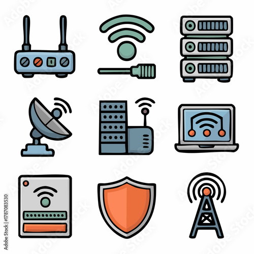 Networking & Internet Devices Icon Set – Router, Server, WiFi