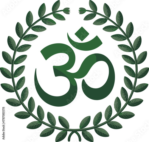 Om symbol in green laurel wreath hinduism spirituality