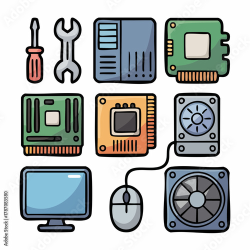 Computer Hardware Repair Tools Icon Set – Flat Color Line Style