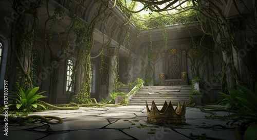 Enchanted realm a decaying throne room overtaken by nature's resurgence and reclaiming