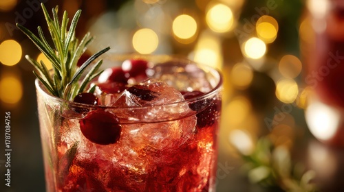 Refreshing cocktail with ice, cranberries, and herbs, perfect for holiday celebrations