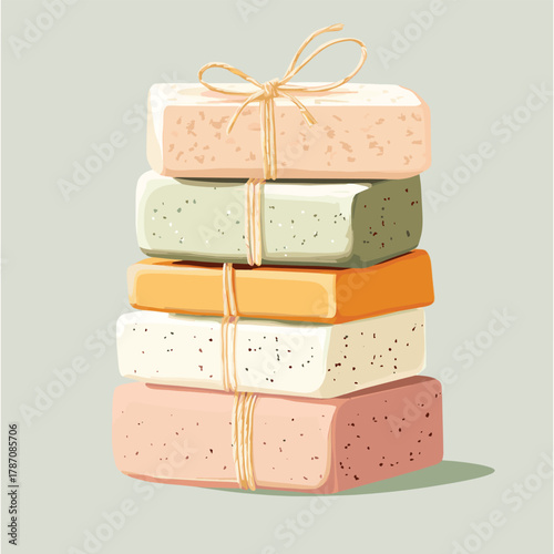 Natural handmade soap bars stack tied with string organic bath products skincare essentials for healthy skin   , vector style simple color