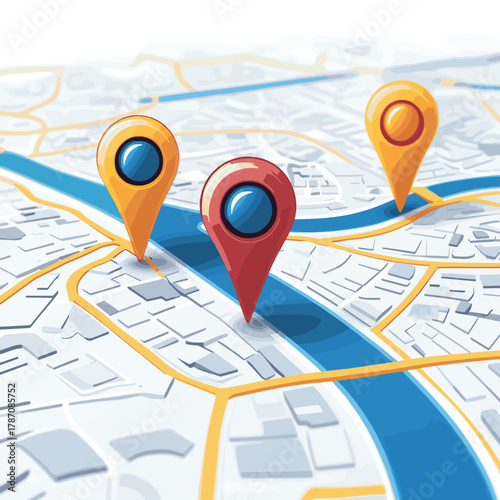 Road map with location pins for navigation and travel   , vector style simple color