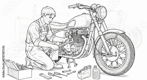 Mechanic meticulously repairing vintage motorcycle engine with tools and focus.