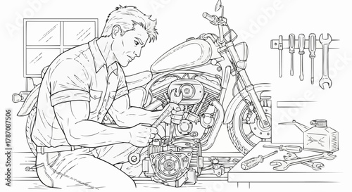 Man working on motorcycle engine in a garage.