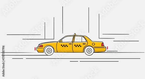Yellow taxi cab speeding down the road in the city illustration.