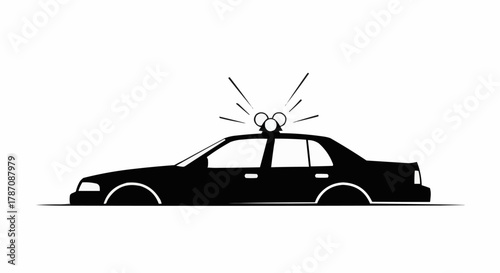 Silhouette of a police car with flashing lights on top.