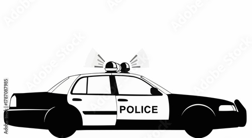 Black and White Police Car Silhouette with Flashing Lights.