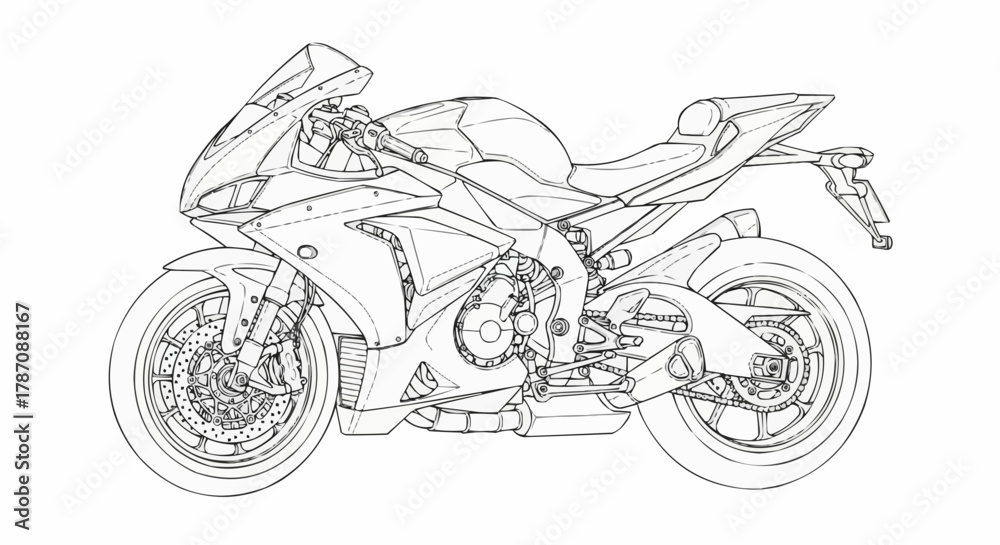 Detailed Line Drawing of a Modern Sport Motorcycle.