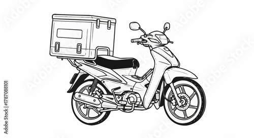 Delivery scooter with large storage box on the back, black and white line art illustration.