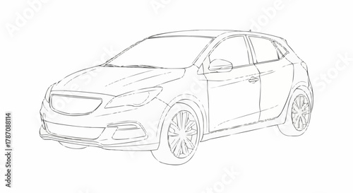 Detailed Line Art of a Modern Hatchback Car.