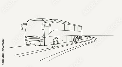 Line Art Drawing of a Modern Tour Bus Driving on a Winding Road.