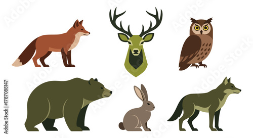 Wildlife animal set including fox, deer, owl, bear, rabbit, and wolf