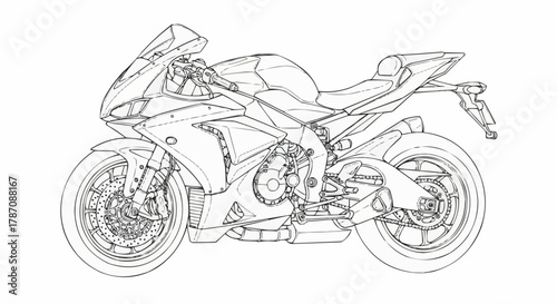 Detailed Line Drawing of a Modern Sport Motorcycle.
