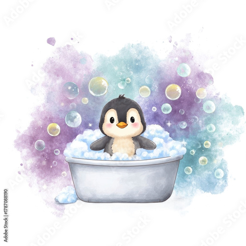 Cute penguin enjoying a bubble bath.