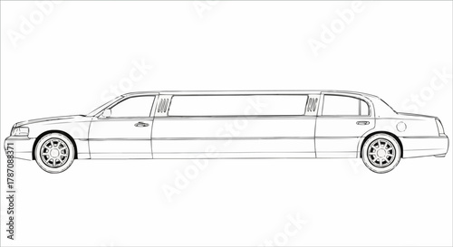Elegant White Limousine Car Outline Drawing Side View.