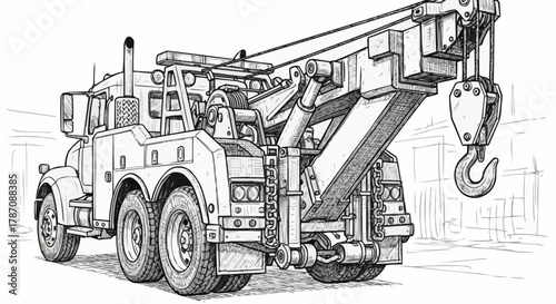 Detailed line drawing of a heavy-duty tow truck with a large crane and hook.