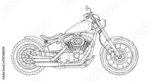 Detailed Line Art Drawing of a Classic Cruiser Motorcycle.