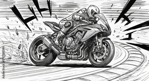 Motorcycle rider in full gear speeding on a racetrack with precision.