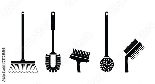 Essential cleaning brushes for home hygiene in sleek black silhouette