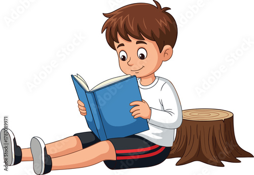 Cartoon boy reading book, sitting on ground, educational illustration, child learning, tree stump, white background, school, literacy, study, focus, student, childhood, outdoor  kids education