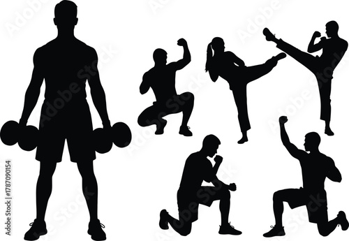Silhouette of diverse individuals engaged in various fitness activities showcasing strength and movement