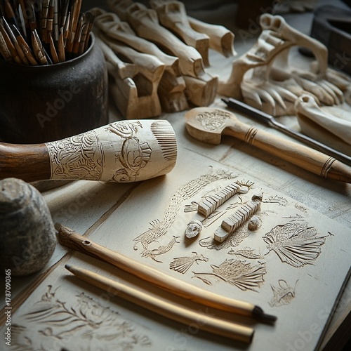 Bone carving tools on work surface, detail station with etching items, tribal focus