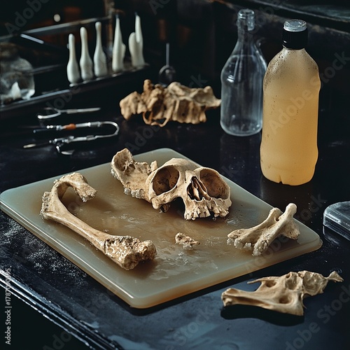 Bone cleaning equipment on prep mat, preservation station with washing tools, science focus