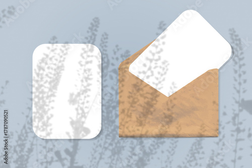 Wallpaper Mural The shadow of wildflowers falls on an envelope with two sheets of textured white paper on a blue background. Mockup horizontal orientation. Torontodigital.ca