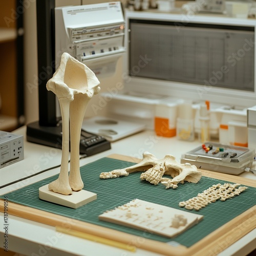 Bone measuring tools on study mat, analysis station with calibration equipment, science theme
