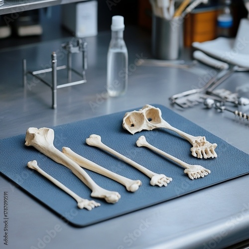 Bone preparation tools on laboratory mat, cleaning station with preservation equipment, science theme