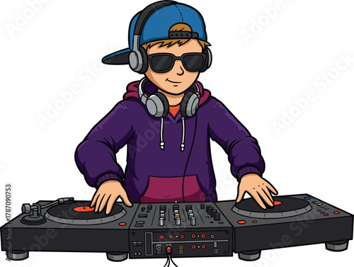 Cartoon DJ mixing music, turntable setup, hip hop vibe, cool outfit, vinyl records, party scene, urban style, sound equipment