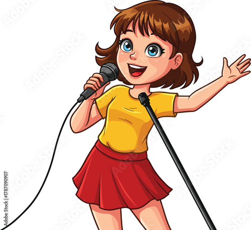 PrintCartoon girl singing, microphone performance, child vocalist, music show, animated character, stage talent, expressive pose, colorful outfit, entertainment art, fun energy