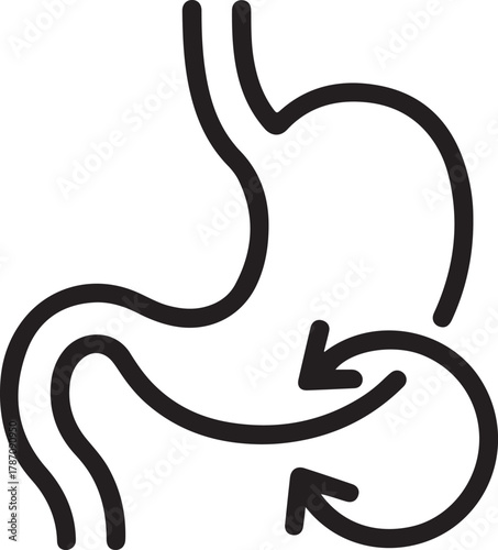 Simple line art illustration of the human stomach with arrows indicating digestion