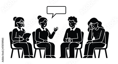Anxious people in group therapy session with therapist listening well