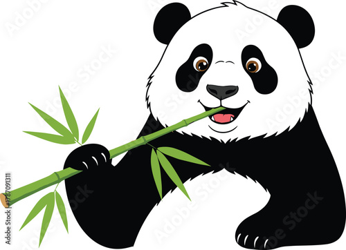 Cartoon panda chewing bamboo, cute animal illustration, wildlife character, playful pose, green leaves, nature theme, children’s book, vector art